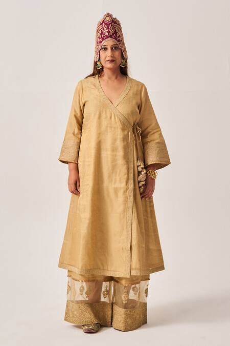Buy_Wabi Sabi By Anshum-Ritesh_Beige Chanderi Embroidery, Golden Bloom Angrakha Anarkali, Pant And Dupatta Set _Online_at_Aza_Fashions