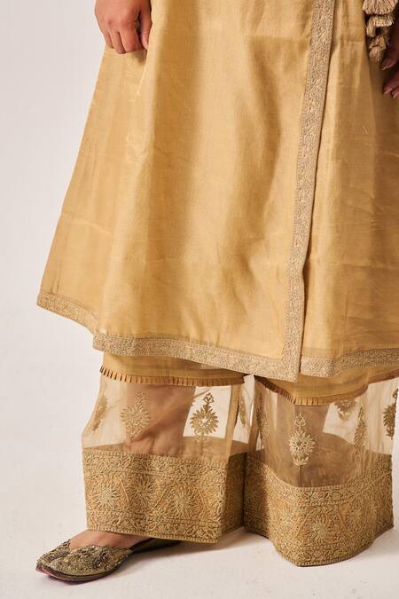 Shop_Wabi Sabi By Anshum-Ritesh_Beige Chanderi Embroidery, Golden Bloom Angrakha Anarkali, Pant And Dupatta Set _Online_at_Aza_Fashions