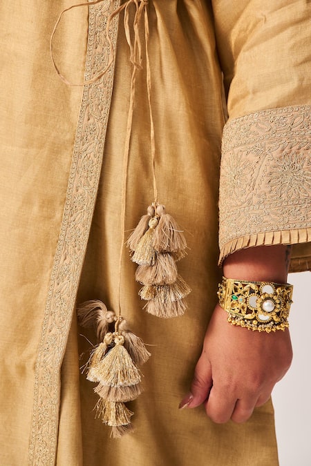 Wabi Sabi By Anshum-Ritesh_Beige Chanderi Embroidery, Golden Bloom Angrakha Anarkali, Pant And Dupatta Set _at_Aza_Fashions