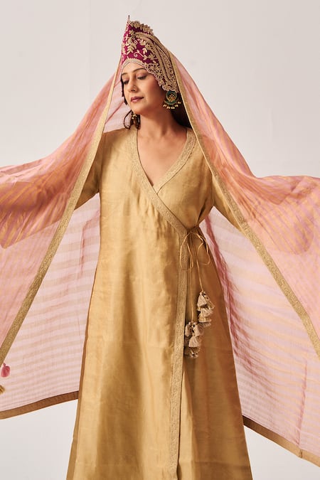 Buy_Wabi Sabi By Anshum-Ritesh_Beige Chanderi Embroidery, Golden Bloom Angrakha Anarkali, Pant And Dupatta Set 