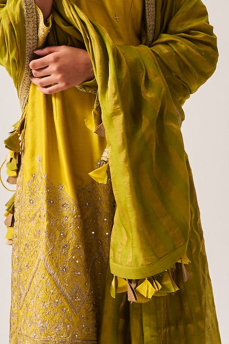 Buy_Wabi Sabi By Anshum-Ritesh_Mustard Chanderi Embroidery, Sequins, Floral Dome Kurta Set With Dupatta _Online_at_Aza_Fashions