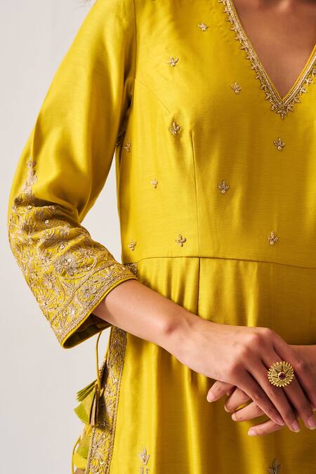 Shop_Wabi Sabi By Anshum-Ritesh_Mustard Chanderi Embroidery, Sequins, Floral Dome Kurta Set With Dupatta _Online_at_Aza_Fashions