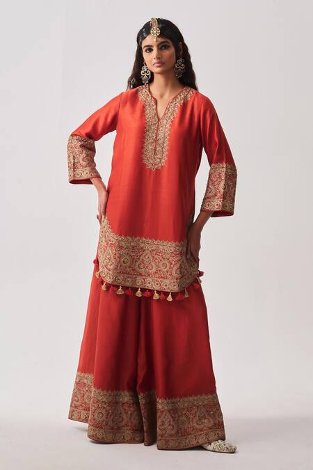 Wabi Sabi By Anshum-Ritesh_Rust Chanderi, Organza, Organza, Paan Booti Kurta And Sharara Set _Online_at_Aza_Fashions