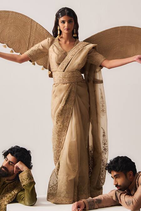 Buy_Wabi Sabi By Anshum-Ritesh_Beige Organza, Silk, Chanderi Embroidery, Zari, Tassels Paisley Dome Saree _Online_at_Aza_Fashions
