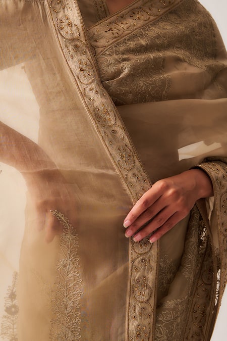 Shop_Wabi Sabi By Anshum-Ritesh_Beige Organza, Silk, Chanderi Embroidery, Zari, Tassels Paisley Dome Saree _Online_at_Aza_Fashions