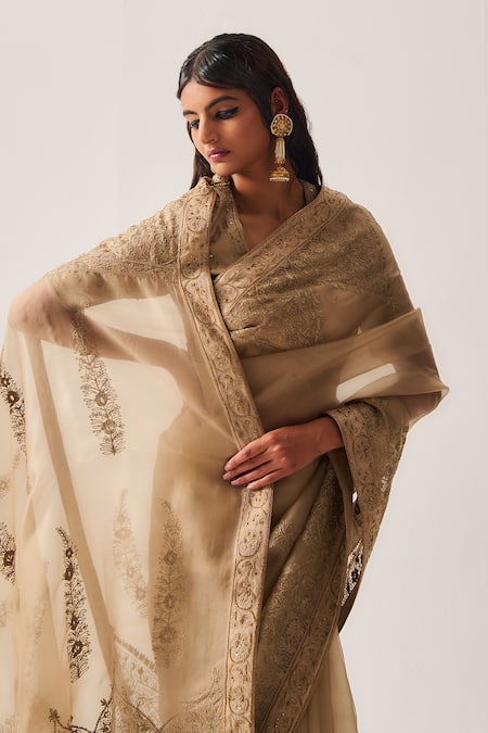 Wabi Sabi By Anshum-Ritesh_Beige Organza, Silk, Chanderi Embroidery, Zari, Tassels Paisley Dome Saree _at_Aza_Fashions