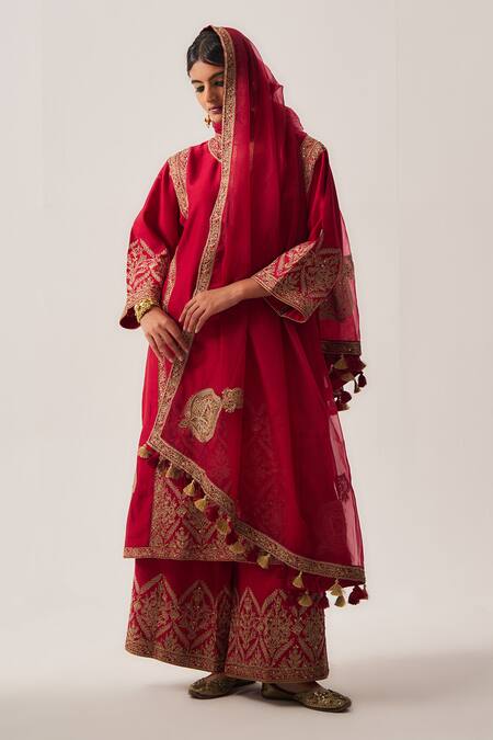 Shop_Wabi Sabi By Anshum-Ritesh_Red Chanderi, Organza Floral Nest Phiran Kurta, Flare Pant And Dupatta Set _Online_at_Aza_Fashions