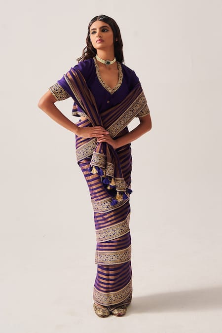 Wabi Sabi By Anshum-Ritesh_Purple Chanderi Zari, Tassels, Stripes With Peplum Blouse _Online_at_Aza_Fashions
