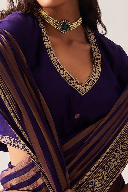 Buy_Wabi Sabi By Anshum-Ritesh_Purple Chanderi Zari, Tassels, Stripes With Peplum Blouse _Online_at_Aza_Fashions