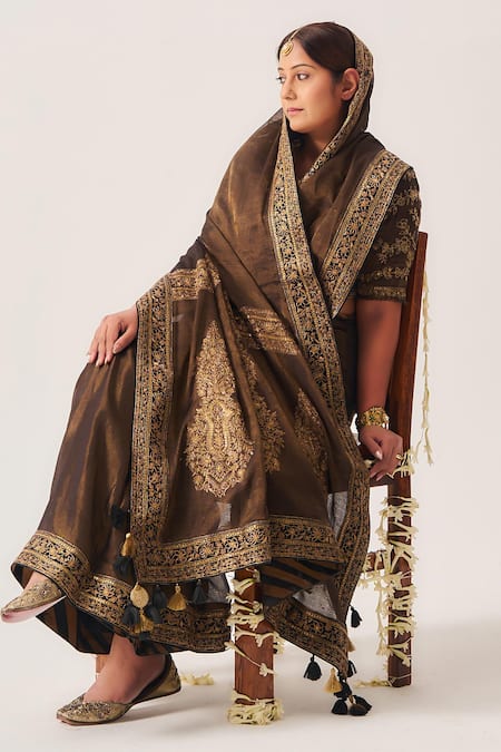 Wabi Sabi By Anshum-Ritesh_Brown Chanderi, Tissue Embroidery, Zari, Tassels Ferdous Woven Saree And Blouse _Online_at_Aza_Fashions