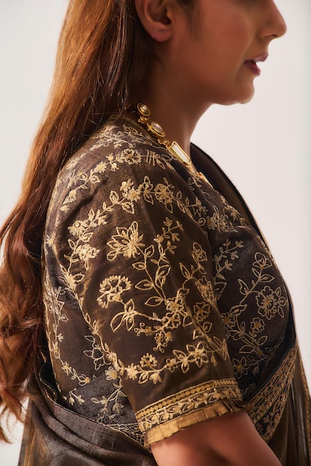Shop_Wabi Sabi By Anshum-Ritesh_Brown Chanderi, Tissue Embroidery, Zari, Tassels Ferdous Woven Saree And Blouse _Online_at_Aza_Fashions