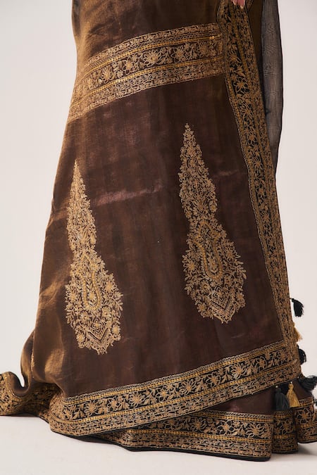 Wabi Sabi By Anshum-Ritesh_Brown Chanderi, Tissue Embroidery, Zari, Tassels Ferdous Woven Saree And Blouse _at_Aza_Fashions