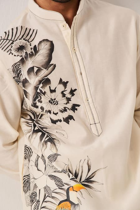 Wabi Sabi By Anshum-Ritesh_Ivory Chanderi Monochrome Garden Bird And Floral Print Kurta Set _Online_at_Aza_Fashions