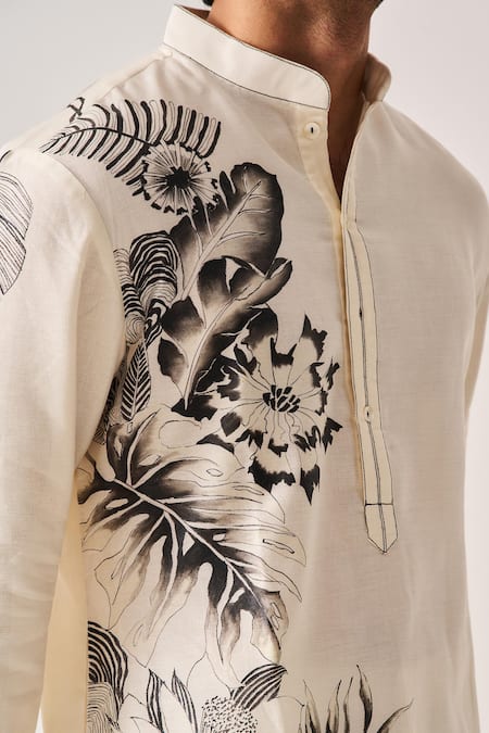 Buy_Wabi Sabi By Anshum-Ritesh_Ivory Chanderi Monochrome Garden Bird And Floral Print Kurta Set _Online_at_Aza_Fashions