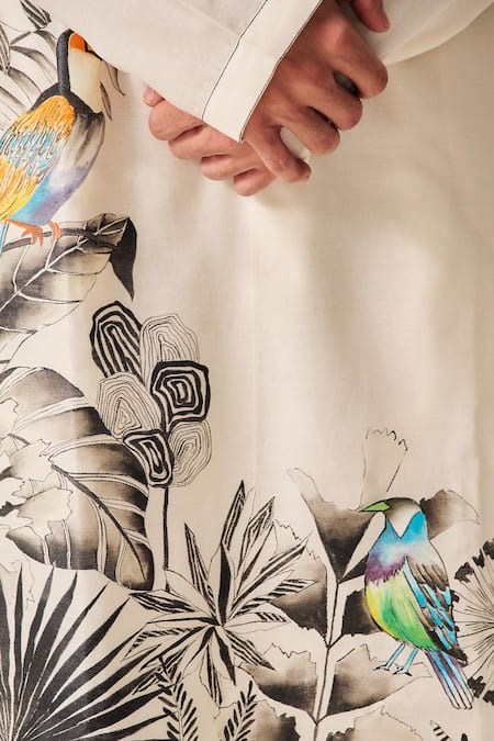 Shop_Wabi Sabi By Anshum-Ritesh_Ivory Chanderi Monochrome Garden Bird And Floral Print Kurta Set _Online_at_Aza_Fashions