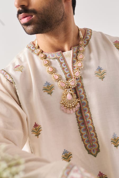 Shop_Wabi Sabi By Anshum-Ritesh_Ivory Chanderi Embroidery Golden Blossom Woven Phiran Kurta And Flare Pant Set _Online_at_Aza_Fashions