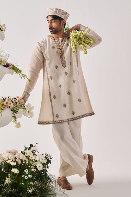 Wabi Sabi By Anshum-Ritesh Golden Blossom Chanderi Woven Phiran Kurta & Flare Pant Set 