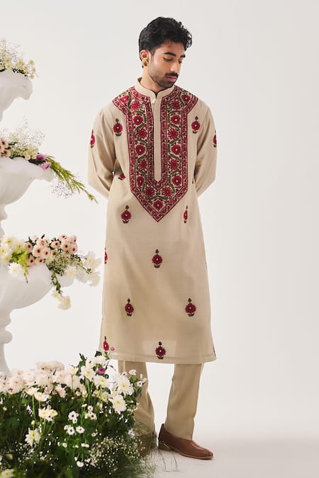 Shop_Wabi Sabi By Anshum-Ritesh_Beige Chanderi Embroidery Crimson Bloom Kurta And Pyjama Set _Online_at_Aza_Fashions