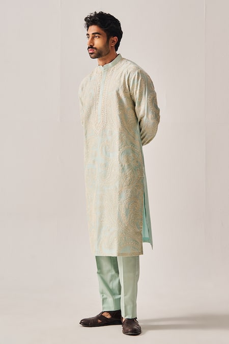Wabi Sabi By Anshum-Ritesh_Aqua Chanderi Embroidery Bageecha Kurta And Pyjama _Online_at_Aza_Fashions