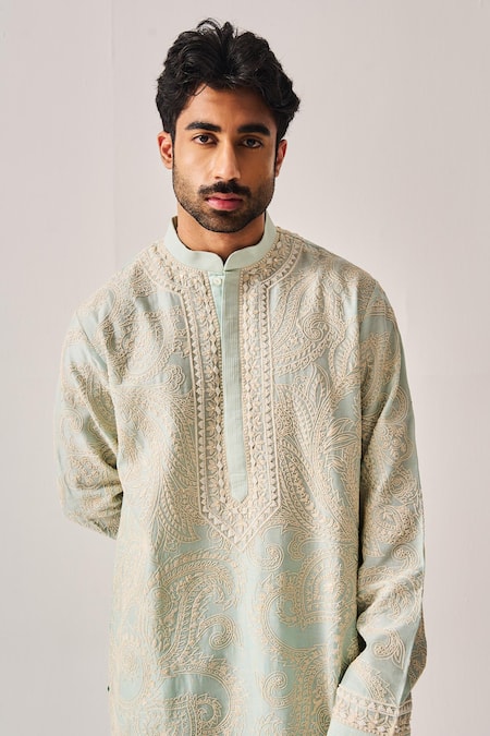Buy_Wabi Sabi By Anshum-Ritesh_Aqua Chanderi Embroidery Bageecha Kurta And Pyjama _Online_at_Aza_Fashions