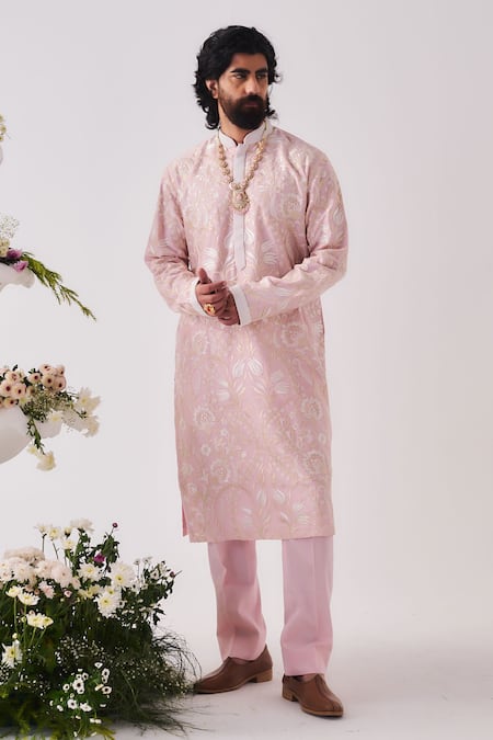 Wabi Sabi By Anshum-Ritesh_Pink Chanderi Embroidery, Beads Tulip Meadow Kurta And Pyjama Set _Online_at_Aza_Fashions