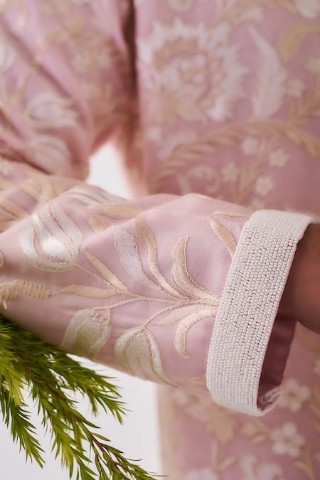 Buy_Wabi Sabi By Anshum-Ritesh_Pink Chanderi Embroidery, Beads Tulip Meadow Kurta And Pyjama Set _Online_at_Aza_Fashions