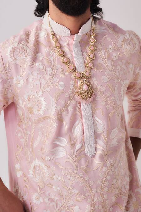 Shop_Wabi Sabi By Anshum-Ritesh_Pink Chanderi Embroidery, Beads Tulip Meadow Kurta And Pyjama Set _Online_at_Aza_Fashions
