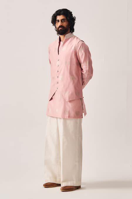 Wabi Sabi By Anshum-Ritesh_Pink Chanderi Embroidery Palm Reverie Woven Short Kurta, Pant And Bundi Set _Online_at_Aza_Fashions