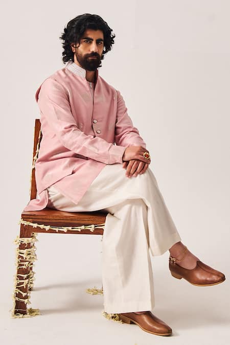 Buy_Wabi Sabi By Anshum-Ritesh_Pink Chanderi Embroidery Palm Reverie Woven Short Kurta, Pant And Bundi Set _Online_at_Aza_Fashions