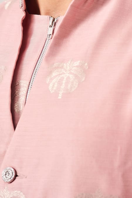 Wabi Sabi By Anshum-Ritesh_Pink Chanderi Embroidery Palm Reverie Woven Short Kurta, Pant And Bundi Set _at_Aza_Fashions