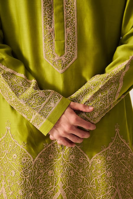 Shop_Wabi Sabi By Anshum-Ritesh_Lime Chanderi Embroidery Floral Dome Kurta And Flare Pant _Online_at_Aza_Fashions