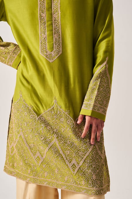 Wabi Sabi By Anshum-Ritesh_Lime Chanderi Embroidery Floral Dome Kurta And Flare Pant _at_Aza_Fashions