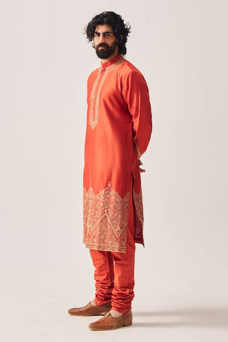 Wabi Sabi By Anshum-Ritesh Rust Chanderi Embroidery Floral Dome Kurta And Churidar Online at Aza Fashions Wabi Sabi By Anshum-Ritesh_Rust Chanderi Embroidery Floral Dome Kurta And Churidar _Online_at_Aza_Fashions