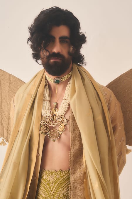 Wabi Sabi By Anshum-Ritesh_Tan Organza Embroidery Whispering Vines Front Open Kurta And Pyjama _Online_at_Aza_Fashions