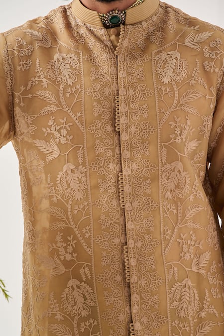 Shop_Wabi Sabi By Anshum-Ritesh_Tan Organza Embroidery Whispering Vines Front Open Kurta And Pyjama _Online_at_Aza_Fashions