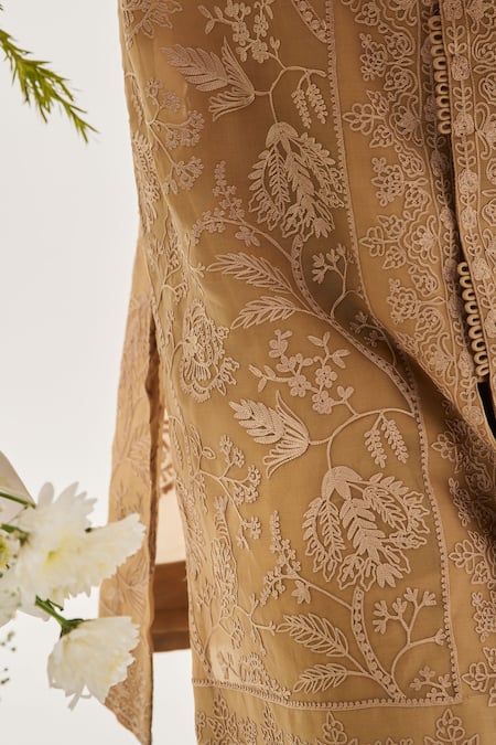 Wabi Sabi By Anshum-Ritesh_Tan Organza Embroidery Whispering Vines Front Open Kurta And Pyjama _at_Aza_Fashions