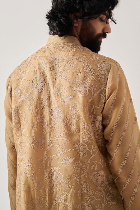 Buy_Wabi Sabi By Anshum-Ritesh_Tan Organza Embroidery Whispering Vines Front Open Kurta And Pyjama 