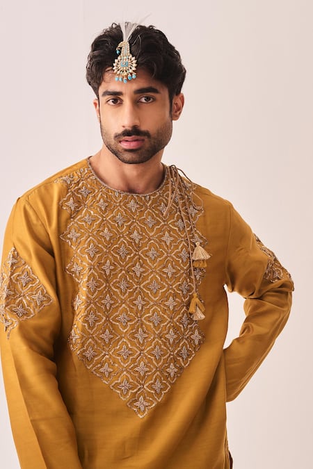 Buy_Wabi Sabi By Anshum-Ritesh_Mustard Chanderi Embroidery, Tassels Gilded Petal Kurta And Pyjama Set _Online_at_Aza_Fashions