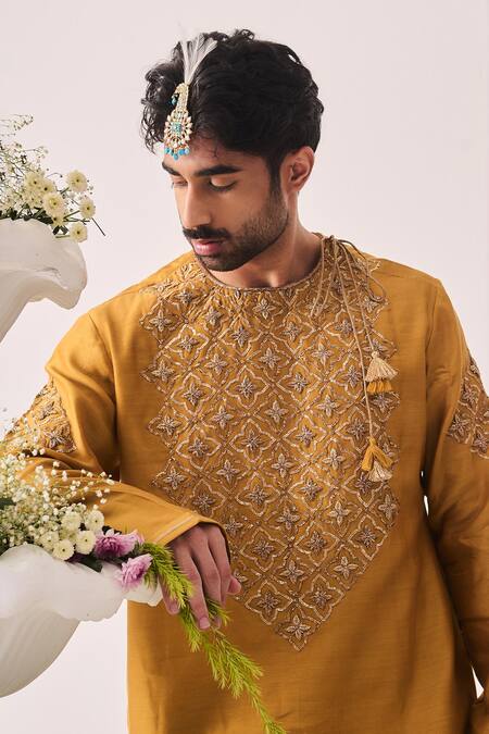 Shop_Wabi Sabi By Anshum-Ritesh_Mustard Chanderi Embroidery, Tassels Gilded Petal Kurta And Pyjama Set _Online_at_Aza_Fashions