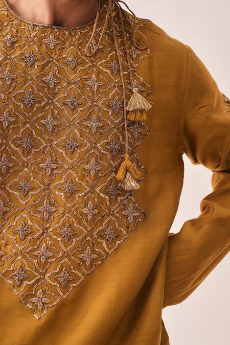 Shop_Wabi Sabi By Anshum-Ritesh_Mustard Chanderi Embroidery, Tassels Gilded Petal Kurta And Pyjama Set 