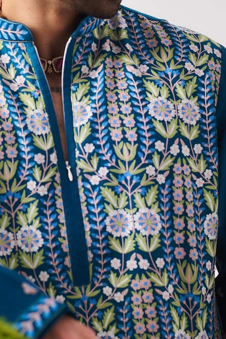 Buy_Wabi Sabi By Anshum-Ritesh_Teal Chanderi Embroidery Shalimar Bagh Kurta And Pyjama Set _Online_at_Aza_Fashions