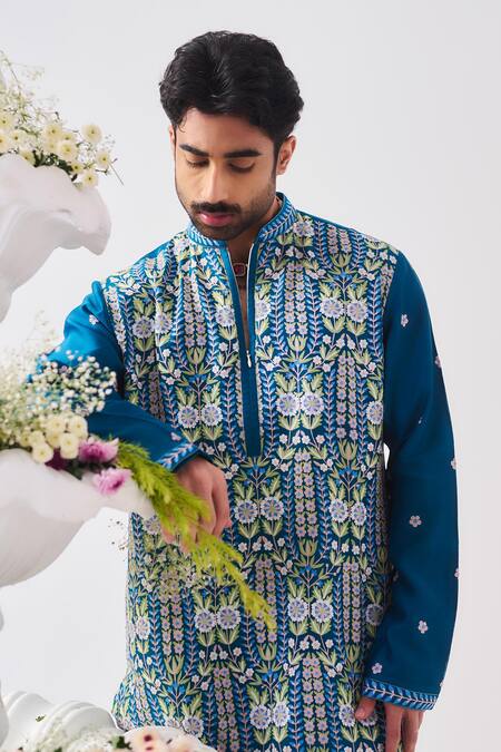 Shop_Wabi Sabi By Anshum-Ritesh_Teal Chanderi Embroidery Shalimar Bagh Kurta And Pyjama Set _Online_at_Aza_Fashions