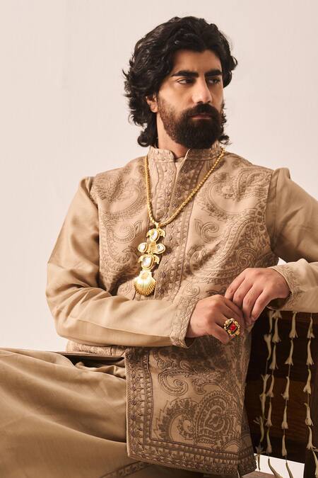 Buy_Wabi Sabi By Anshum-Ritesh_Beige Cotton Satin, Chanderi Bageecha Bundi Kurta And Pyjama Set _Online_at_Aza_Fashions