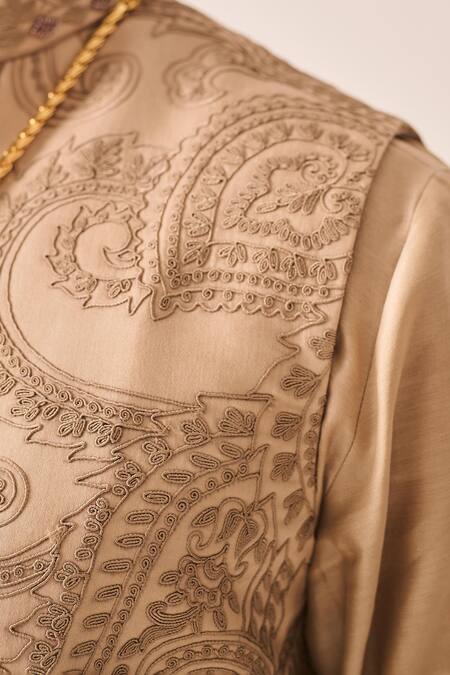 Shop_Wabi Sabi By Anshum-Ritesh_Beige Cotton Satin, Chanderi Bageecha Bundi Kurta And Pyjama Set _Online_at_Aza_Fashions