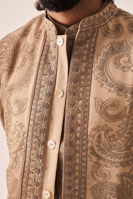 Buy_Wabi Sabi By Anshum-Ritesh_Beige Cotton Satin, Chanderi Bageecha Bundi Kurta And Pyjama Set 