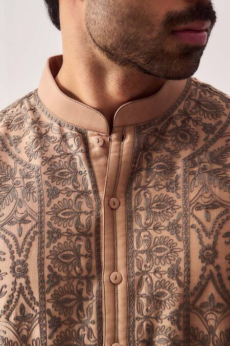 Shop_Wabi Sabi By Anshum-Ritesh_Brown Chanderi Embroidery Mandala Kurta And Pyjama _Online_at_Aza_Fashions