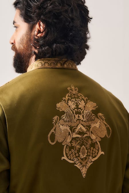 Wabi Sabi By Anshum-Ritesh_Olive Green Cotton Satin, Chanderi Embroidery, Wild Crest Bundi Kurta Set _Online_at_Aza_Fashions