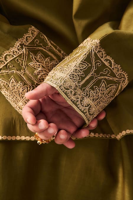 Buy_Wabi Sabi By Anshum-Ritesh_Olive Green Cotton Satin, Chanderi Embroidery, Wild Crest Bundi Kurta Set _Online_at_Aza_Fashions