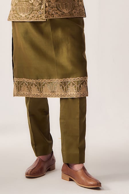 Shop_Wabi Sabi By Anshum-Ritesh_Olive Green Cotton Satin, Chanderi Embroidery, Wild Crest Bundi Kurta Set _Online_at_Aza_Fashions