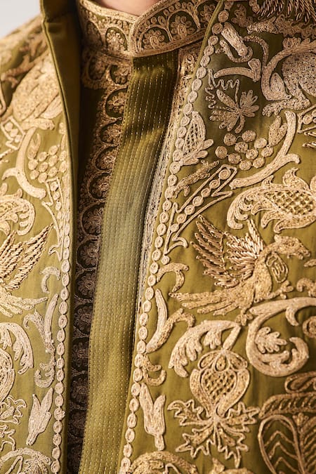 Shop_Wabi Sabi By Anshum-Ritesh_Olive Green Cotton Satin, Chanderi Embroidery, Wild Crest Bundi Kurta Set 